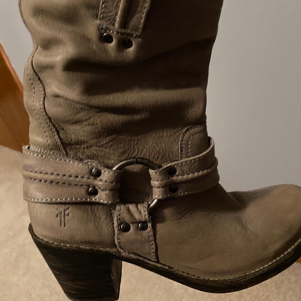 Frye Carmen Harness Gray Leather Boots
